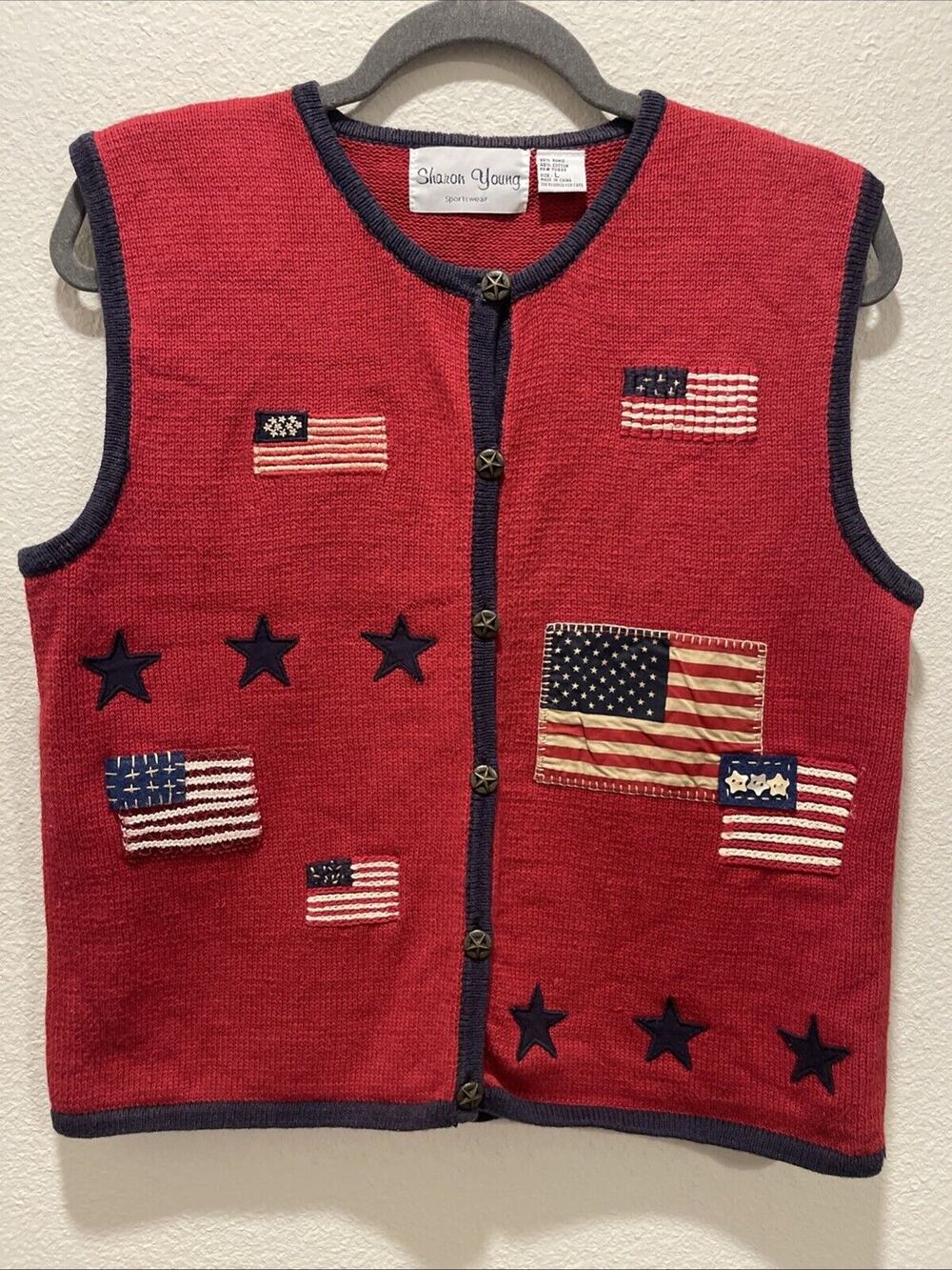 Vintage Sharon Young Knit Best Large July 4th Embroidered Flags Metal Buttons